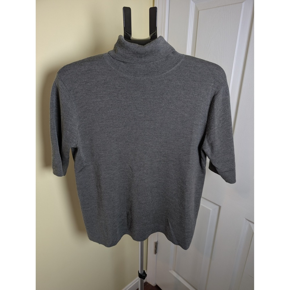 Eileen Fisher Mock Neck Sweater Women L Grey 100% Merino Wool Short Sleeve
